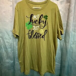 Love‎ in Faith 2x Women's "Not Lucky Just Blessed" Green Cotton Blend T-shirt
